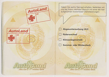 Kundenbonuskarte und Treuepass von AutoLand : F&uuml;r jede von Ihnen bezahlte Leistung einschlie&szlig;lich Teile und Zubeh&ouml;r &uuml;ber 50,00 &euro;UR erhalten Sie einen Stempelaufdruck in Ihren Treuepass.